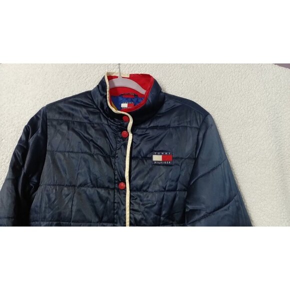 Tommy Hilfiger Puffer Button Down Jacket Women's Size L Blue Red White Vintage - Picture 7 of 15